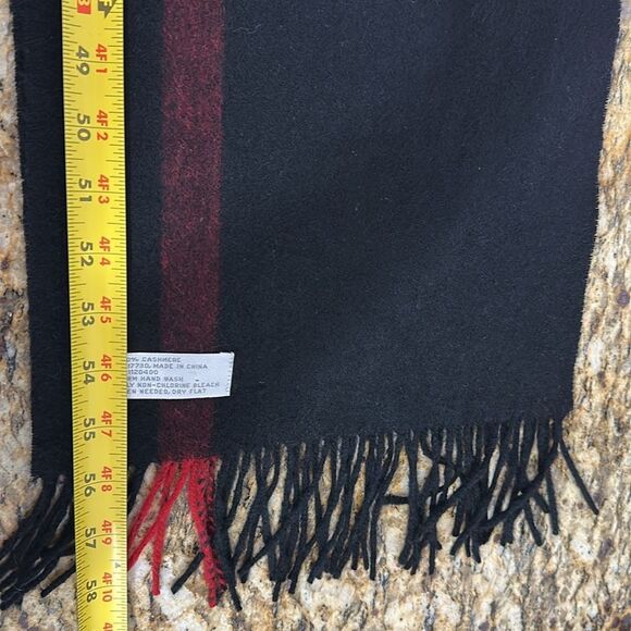 Cashmere Black And Red Rectangle Scarf With Fringe Trim - Picture 5 of 5